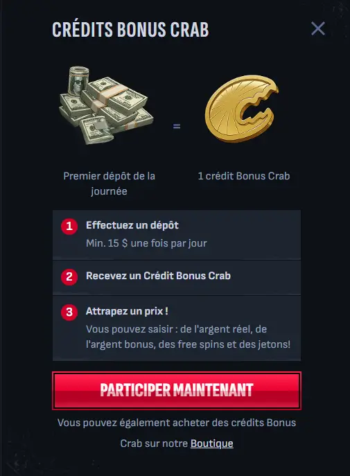 Bonus Crab - système de récompense interne